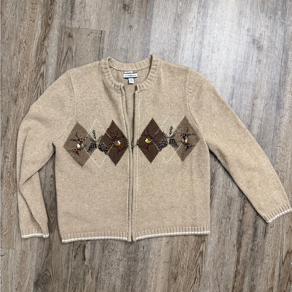 VTG Croft & Barrow • Zip Up Bird Embroidered Cardigan Sweater